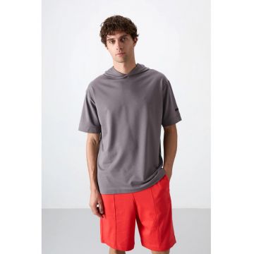 Tricou barbatesc  supradimensionat cu gluga - gri antracit - bumbac