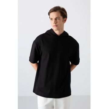 Tricou barbatesc  supradimensionat - cu gluga - negru - bumbac