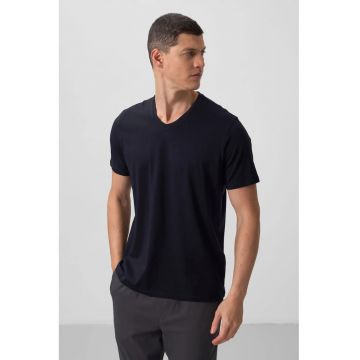 Tricou  barbati - albastru marin - bumbac si elastan - decolteu in V