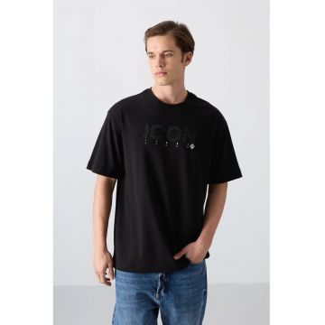 Tricou barbati -  guler rotund - imprimeu logo - negru - bumbac si poliester