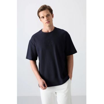 Tricou barbati -  oversized - broderie - albastru marin - amestec de bumbac si poliester