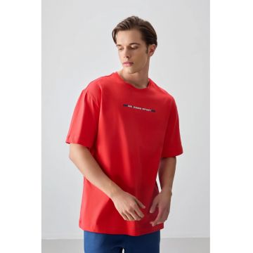 Tricou  barbati - oversized - rosu - bumbac - imprimat pe spate