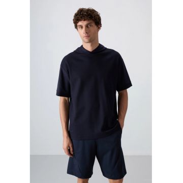 Tricou barbati -  supradimensionat - cu gluga - albastru marin - bumbac si poliester