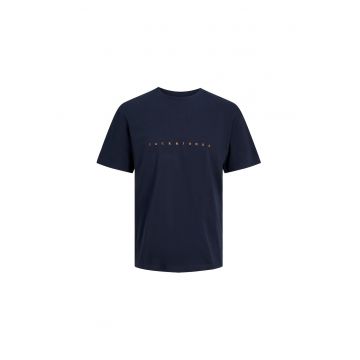 Tricou cu decolteu la baza gatului si imprimeu logo - Albastru inchis