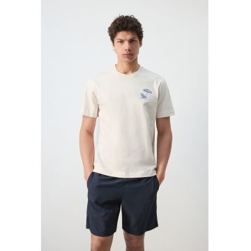 Tricou de bumbac cu decolteu la baza gatului - Albastru royal/Alb murdar