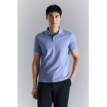 Tricou din amestec de bumbac cu guler polo - Albastru azur