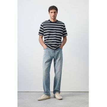 Tricou din amestec de bumbac cu model in dungi - Alb/Bleumarin