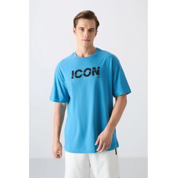 Tricou  guler rotund - imprimeu logo - albastru cerulean - 65% bumbac - 35% poliester