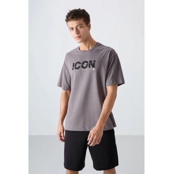 Tricou  guler rotund - imprimeu logo - gri antracit - bumbac si poliester