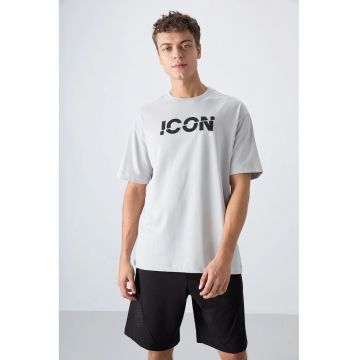 Tricou  guler rotund - imprimeu logo - gri deschis - bumbac si poliester