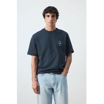Tricou heavy cu croiala relaxed-fit si broderie - Bleumarin