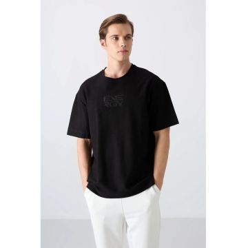 Tricou  Oversized - Brodat - Negru - Amestec de Bumbac