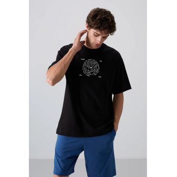 Tricou  oversized - broderie - negru - amestec de bumbac
