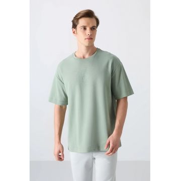 Tricou  oversized - broderie - verde salvie - amestec de bumbac
