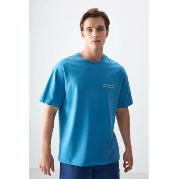 Tricou  oversized - bumbac imprimat - albastru cerulean