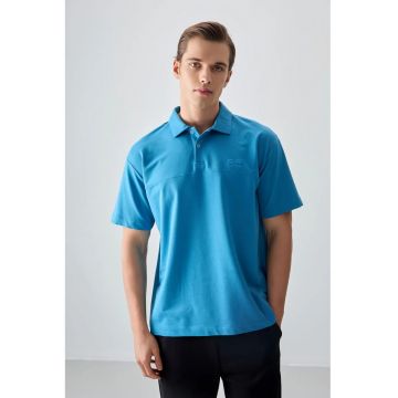 Tricou  oversized - guler polo - albastru cerulean - bumbac - poliester - lycra