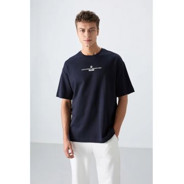 Tricou  oversized - imprimat pe spate - albastru marin - amestec de bumbac