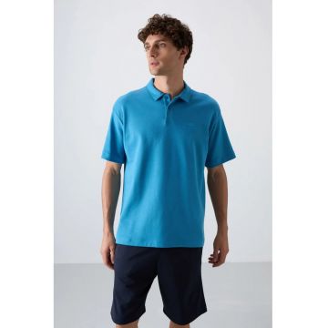 Tricou Polo  Barbati - Oversized - Albastru Cerulean - 93% bumbac - 7% poliester