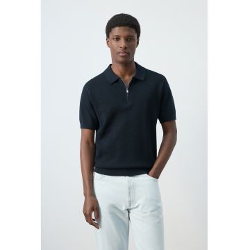 Tricou polo cu fenta cu fermoar - Bleumarin