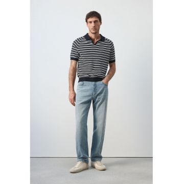 Tricou polo de bumbac cu model in dungi - Alb/Bleumarin