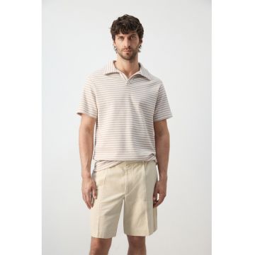 Tricou polo din amestec de bumbac - Alb fildes/Maro deschis