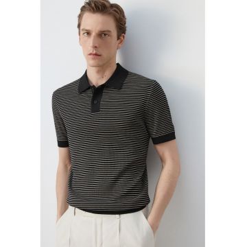Tricou polo din amestec de bumbac cu model in dungi - Negru/Bej deschis