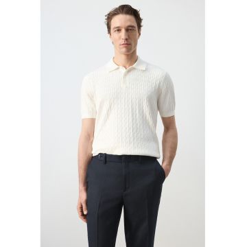 Tricou polo din bumbac cu design torsade - Alb murdar