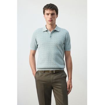 Tricou polo din bumbac cu design torsade - Verde menta