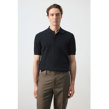 Tricou polo din bumbac cu design torsade - Verde padure