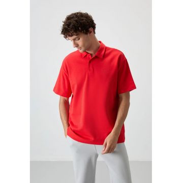 Tricou Polo Oversized  rosu - bumbac-poliester - guler cu nasturi - pentru barbati