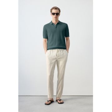Tricou polo tricotat fin din amestec de modal - Verde padure