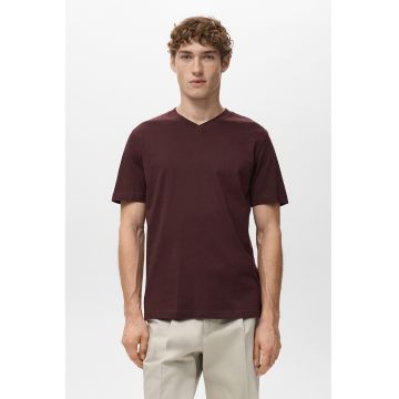 Tricou reagular-fit de bumbac cu decolteu in V - Visiniu