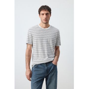 Tricou slim-fit din amestec de in - Alb/Bleumarin