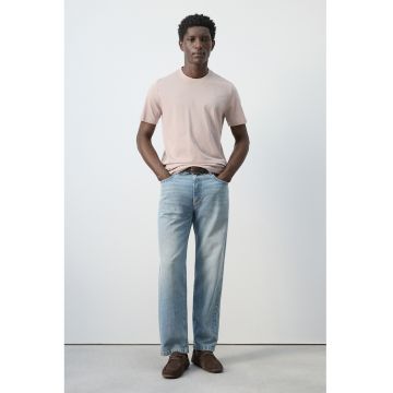 Tricou slim-fit din bumbac cu decolteu la baza gatului - Roz prafuit