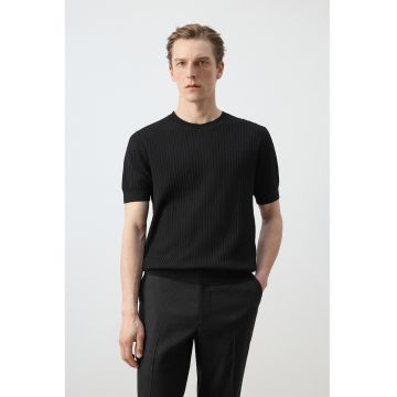 Tricou striat din bumbac si modal - Negru