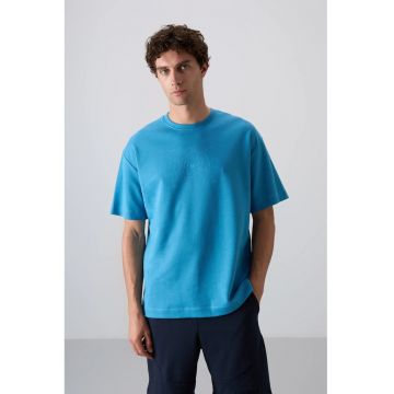 Tricou  supradimensionat - broderie - Albastru Cerulean - amestec de bumbac