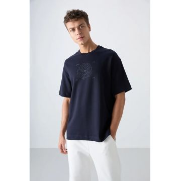 Tricou  supradimensionat - broderie - albastru marin - amestec de bumbac