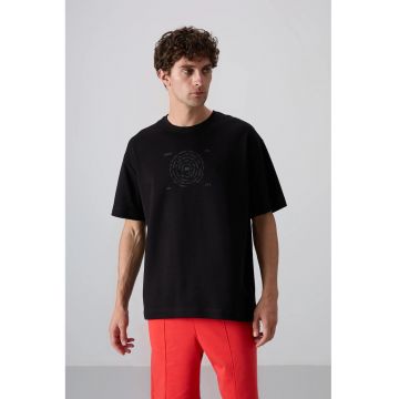 Tricou  supradimensionat - broderie - negru - amestec de bumbac