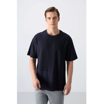 Tricou  supradimensionat - bumbac - albastru marin - cu guler rotund si buzunar
