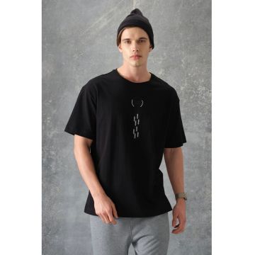 Tricou  supradimensionat - bumbac - negru - imprimat pe spate