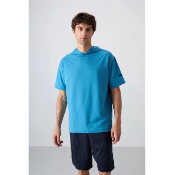 Tricou  supradimensionat cu gluga - albastru cerulean - barbati