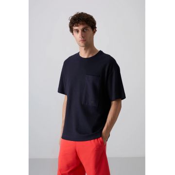 Tricou  supradimensionat - cu guler rotund - buzunar - Albastru Marin - amestec bumbac-poliester