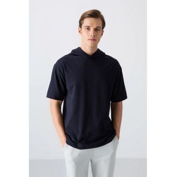 Tricou supradimensionat -  gluga - maneci scurte - albastru marin - bumbac-poliester-lycra
