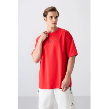 Tricou supradimensionat -  imprimeu pe spate - rosu - bumbac si poliester