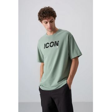 Tricou -  supradimensionat - verde salvie - bumbac/poliester - imprimeu logo pe spate