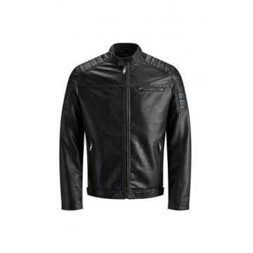 Geaca barbati -  neagra - piele ecologica - fara gluga - fermoar - croiala regular fit -