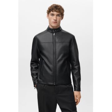Jacheta biker de piele ecologica cu buzunare cu fermoar - Negru