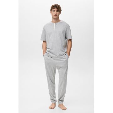Pijama din amestec de bumbac cu decolteu henley - Gri deschis