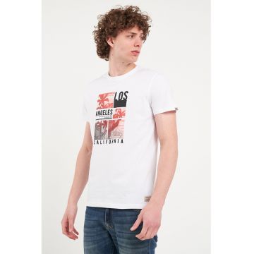 Tricou elastic cu model grafic - Alb/Negru/Coral
