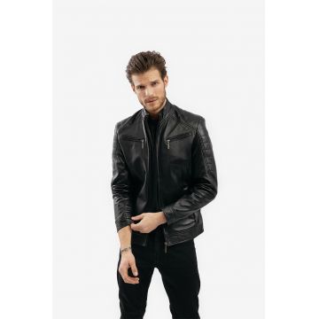 Jacheta slim fit de piele cu buzunare multiple Dinu
